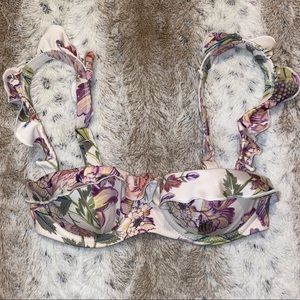 HM FLORAL BALCONETTE BIKINI BRA TOP in WHITE w/ PURPLE GREEN & GOLD HARDWARE